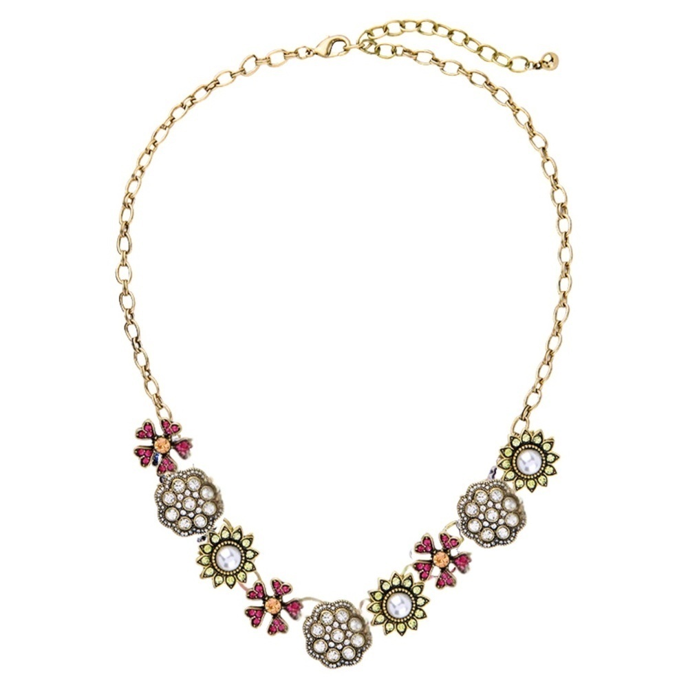 Gold-Tone Floral Statement Necklace with Pearl & Pink Crystal Accents โ Adjustab
